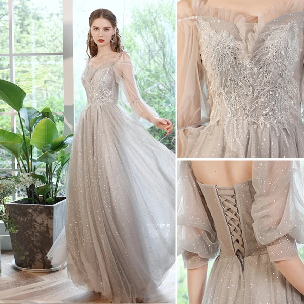 Chic / Beautiful Grey Beading Lace Flower Bridesmaid Dresses 2022 A-Line / Princess Rhinestone Sequins Short Sleeve Backless Floor-Length / Long Wedding Bridesmaid Dresses