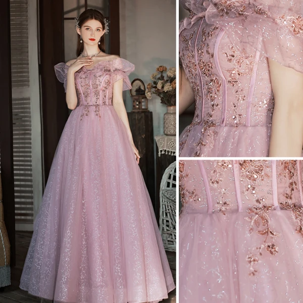 Charmant Rougissant Rose Robe De Bal 2022 Princesse De l'épaule Manches Courtes Dos Nu Perlage Faux Diamant Paillettes Longue Robe De Ceremonie