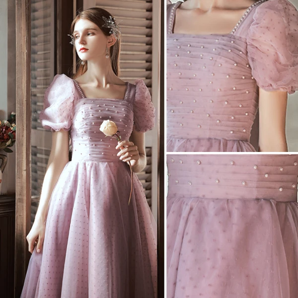 Chic / Beautiful Blushing Pink Pearl Prom Dresses 2022 A-Line / Princess Square Neckline Short Sleeve Backless Floor-Length / Long Formal Dresses