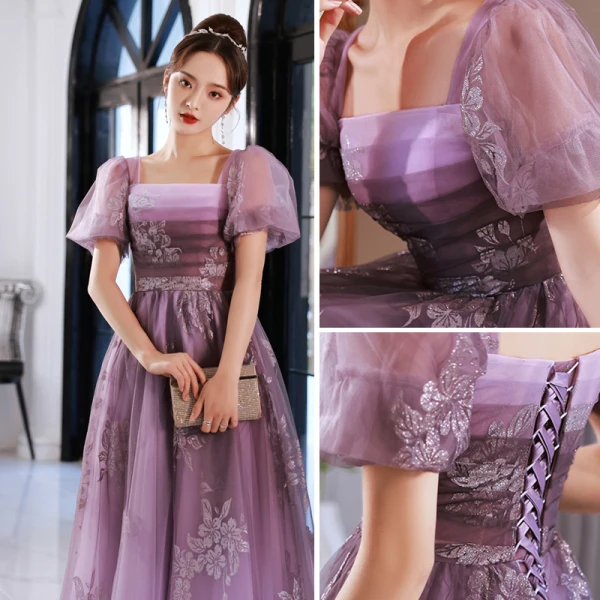Chic / Beautiful Lilac Glitter Prom Dresses 2022 A-Line / Princess Square Neckline Puffy Short Sleeve Backless Floor-Length / Long Formal Dresses