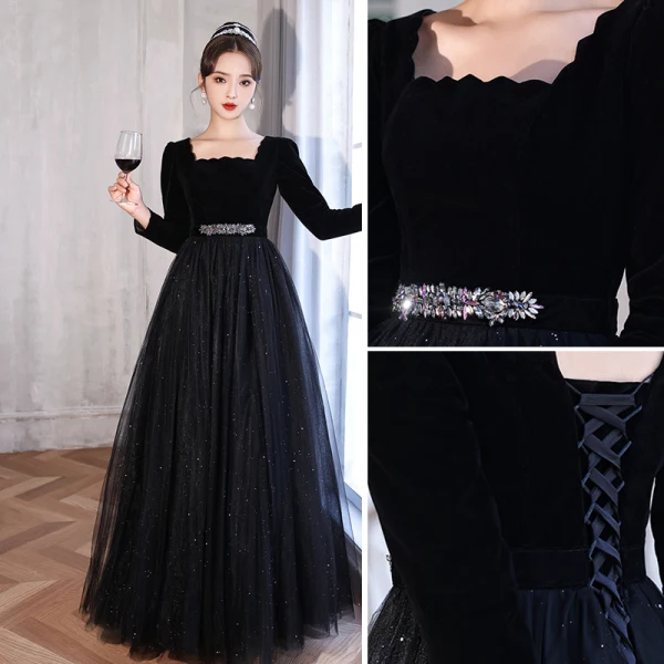 Fashion Black Rhinestone Prom Dresses 2022 A-Line / Princess Square Neckline Long Sleeve Backless Floor-Length / Long Formal Dresses