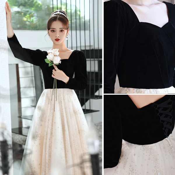 Fashion Black Prom Dresses 2022 A-Line / Princess Square Neckline Star Sequins 3/4 Sleeve Backless Floor-Length / Long Formal Dresses