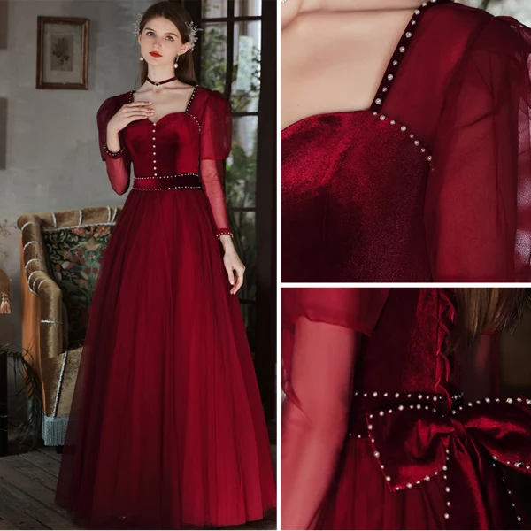 Elegant Burgundy Prom Dresses 2022 A-Line / Princess Pearl Square Neckline Long Sleeve Backless Bow Floor-Length / Long Formal Dresses