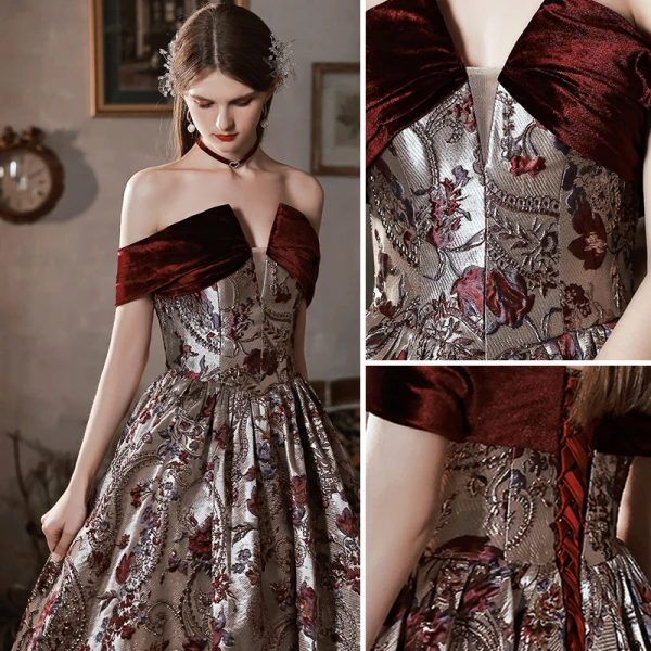 Vintage / Retro Burgundy Lace Flower Prom Dresses 2022 A-Line / Princess Off-The-Shoulder Short Sleeve Backless Floor-Length / Long Formal Dresses