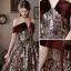Vintage / Retro Burgundy Lace Flower Prom Dresses 2022 A-Line / Princess Off-The-Shoulder Short Sleeve Backless Floor-Length / Long Formal Dresses
