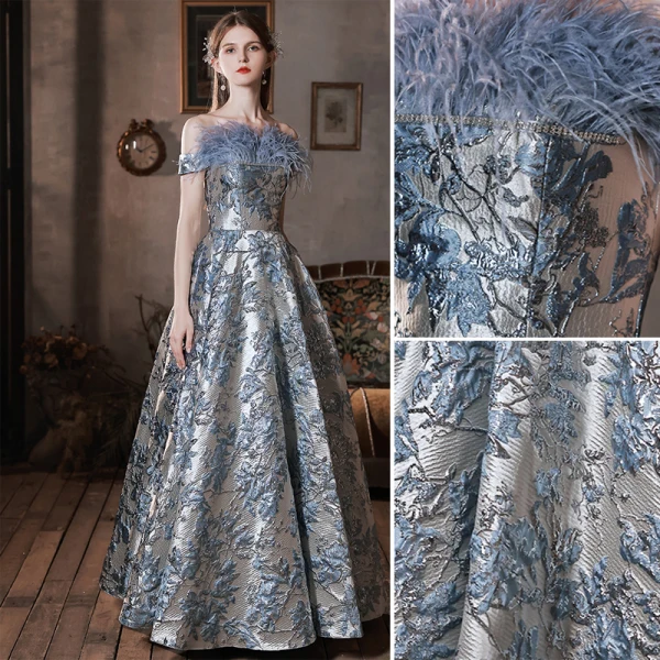 Charming Sky Blue Glitter Prom Dresses 2022 A-Line / Princess Tassel Off-The-Shoulder Rhinestone Sequins Short Sleeve Backless Floor-Length / Long Formal Dresses