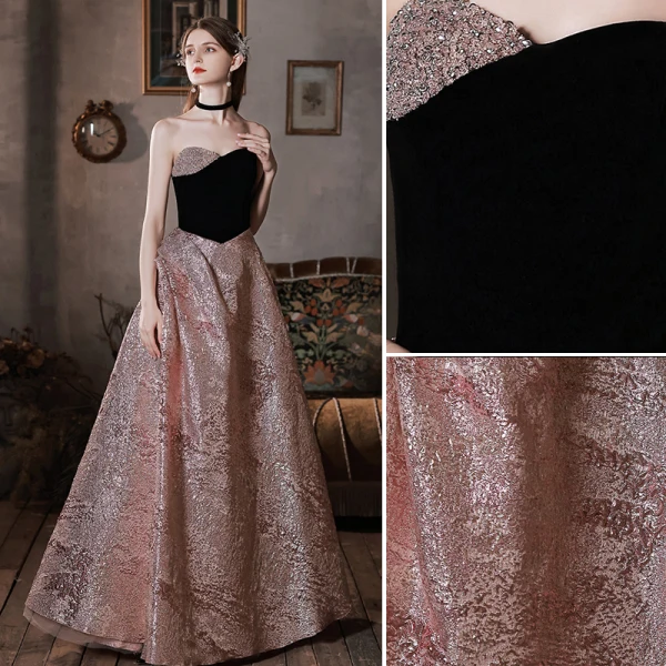 Charmant Schwarz Satin Pailletten Ballkleider 2022 A Linie Bandeau Ärmellos Rückenfreies Lange Festliche Kleider