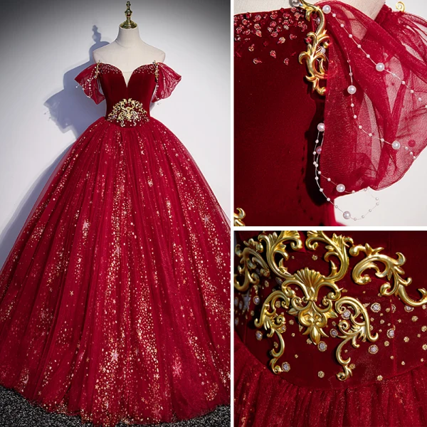 Mode Burgunderrot Ballkleider 2022 Ballkleid Kurze Ärmel Rückenfreies Off Shoulder Perlenstickerei Perle Pailletten Lange Festliche Kleider