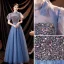 Fashion Ocean Blue Prom Dresses 2021 A-Line / Princess High Neck Beading Pearl Sequins Short Sleeve Backless Floor-Length / Long Formal Dresses