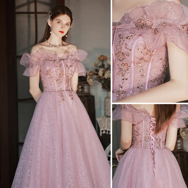 Chic / Belle Rougissant Rose Perlage Paillettes Robe De Bal 2022 Princesse Volants De l'épaule Manches Courtes Dos Nu Longue Robe De Ceremonie