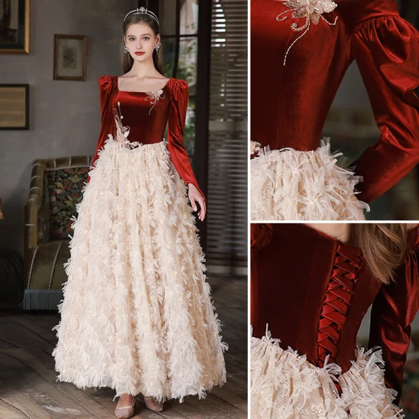 Luxury / Gorgeous Burgundy Suede Ruffle Prom Dresses 2022 A-Line / Princess Off-The-Shoulder Lace Flower Appliques Long Sleeve Backless Floor-Length / Long Prom Formal Dresses