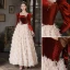 Luxury / Gorgeous Burgundy Suede Ruffle Prom Dresses 2022 A-Line / Princess Off-The-Shoulder Lace Flower Appliques Long Sleeve Backless Floor-Length / Long Prom Formal Dresses