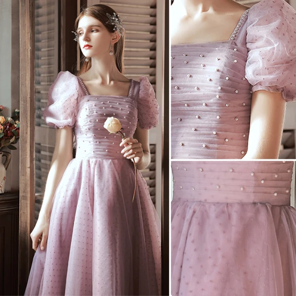 Chic / Belle Rougissant Rose Tachetée Robe De Bal 2022 Princesse Encolure Carrée Perle Manches Courtes Dos Nu Longue Robe De Ceremonie