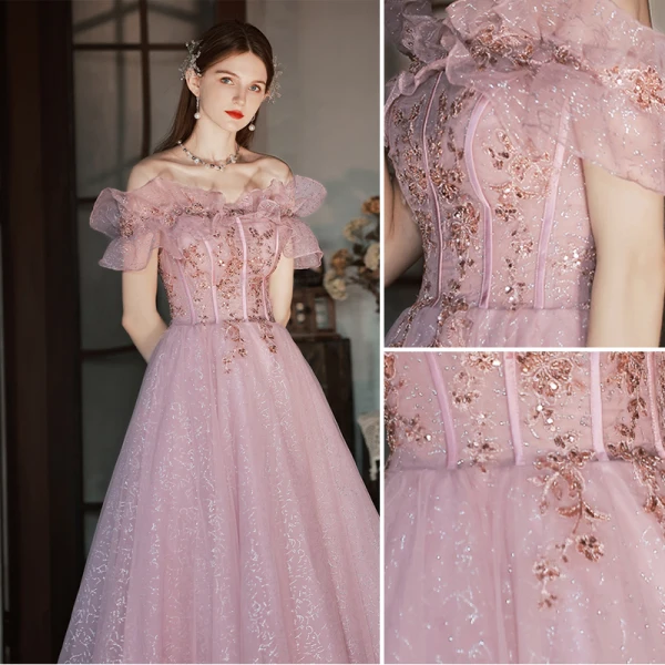 Charmant Rougissant Rose Robe De Bal 2022 Princesse Volants De l'épaule Glitter Perlage Paillettes Faux Diamant Manches Courtes Dos Nu Longue Robe De Ceremonie