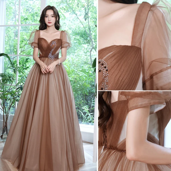 Chic / Beautiful Brown Prom Dresses 2022 A-Line / Princess Square Neckline Puffy Short Sleeve Rhinestone Backless Floor-Length / Long Formal Dresses