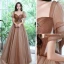 Chic / Beautiful Brown Prom Dresses 2022 A-Line / Princess Square Neckline Puffy Short Sleeve Rhinestone Backless Floor-Length / Long Formal Dresses