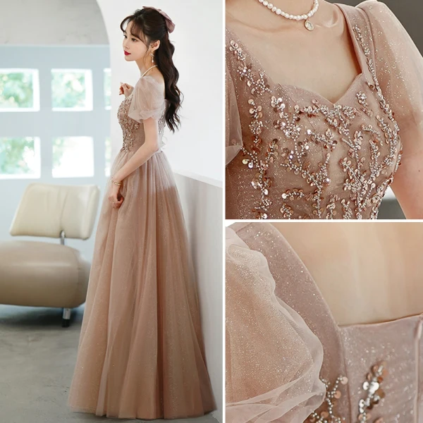 Charming Champagne Glitter Prom Dresses 2022 A-Line / Princess Scoop Neck Beading Sequins Short Sleeve Backless Floor-Length / Long Formal Dresses