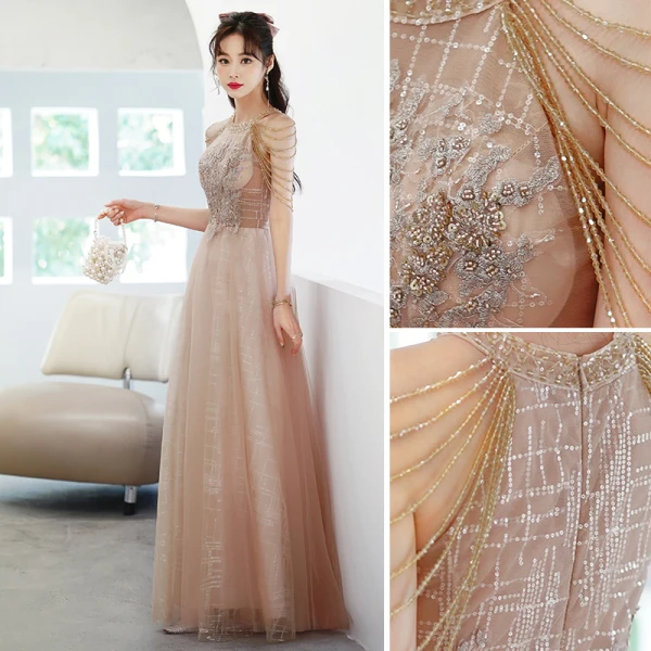 Charming Champagne Prom Dresses 2022 A-Line / Princess Scoop Neck Lace Sequins Beading Flower Sleeveless Floor-Length / Long Formal Dresses