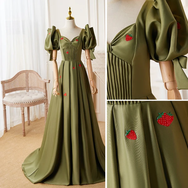 Vintage / Retro Ivory Satin Strawberry Prom Dresses 2022 A-Line / Princess Square Neckline Puffy Short Sleeve Backless Floor-Length / Long Formal Dresses