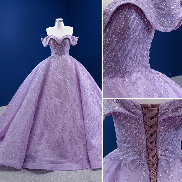 Luxury / Gorgeous High-end Lilac Prom Dresses 2022 Off-The-Shoulder Handmade  Beading Sequins Short Sleeve Backless Floor-Length / Long Formal Dresses