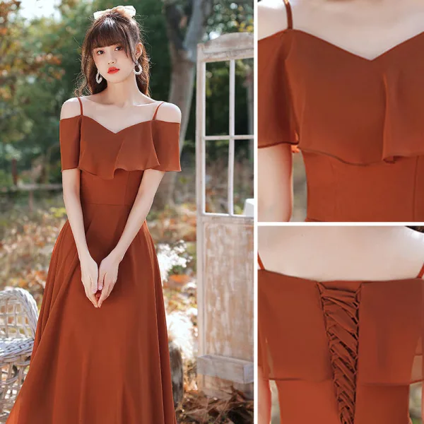 Modest / Simple Caramel Bridesmaid Dresses 2021 A-Line / Princess Short Sleeve Backless Floor-Length / Long Wedding Party Dresses