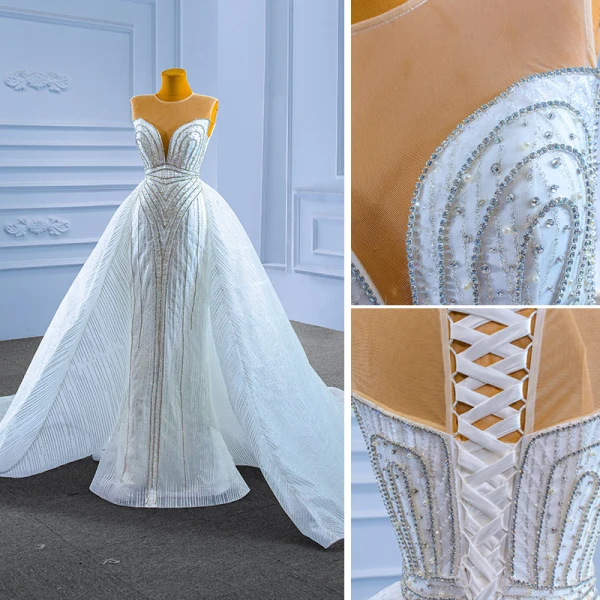 Luxury / Gorgeous White Wedding Dresses 2022 Trumpet / Mermaid Scoop Neck Sleeveless Backless Beading Pearl Rhinestone Cathedral Train Wedding