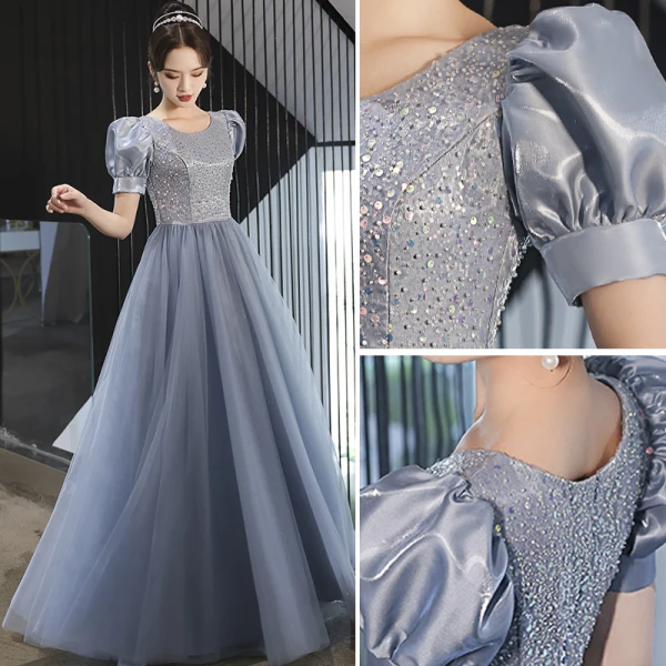 Elegant Sky Blue Beading Sequins Prom Dresses 2022 A-Line / Princess Scoop Neck Short Sleeve Floor-Length / Long Formal Dresses