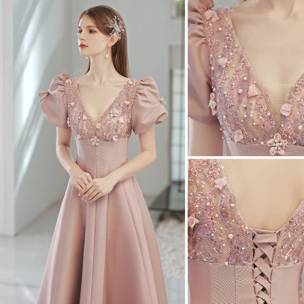 Elegant Blushing Pink Satin Prom Dresses 2022 A-Line / Princess V-Neck Beading Pearl Rhinestone Appliques Puffy Short Sleeve Bow Backless Floor-Length / Long Formal Dresses