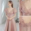 Elegant Blushing Pink Satin Prom Dresses 2022 A-Line / Princess V-Neck Beading Pearl Rhinestone Appliques Puffy Short Sleeve Bow Backless Floor-Length / Long Formal Dresses