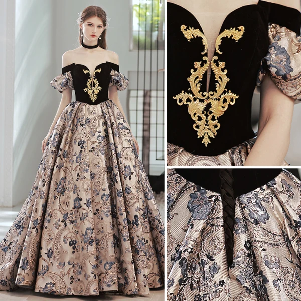 Vintage / Retro Black Printing Prom Dresses 2022 Ball Gown Off-The-Shoulder Short Sleeve Backless Court Train Prom Formal Dresses