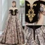 Vintage / Retro Black Printing Prom Dresses 2022 Ball Gown Off-The-Shoulder Short Sleeve Backless Court Train Prom Formal Dresses
