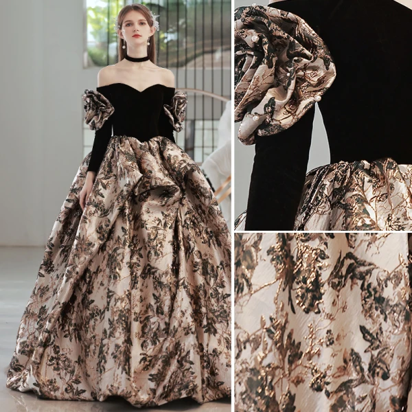 Vintage / Retro Black Printing Prom Dresses 2022 Ball Gown Off-The-Shoulder 3/4 Sleeve Backless Court Train Formal Dresses