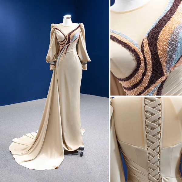 Fashion Champagne Satin Evening Dresses 2022 Trumpet / Mermaid Scoop Neck Multi-Colors Beading Pearl Long Sleeve Court Train Evening Party Formal Dresses