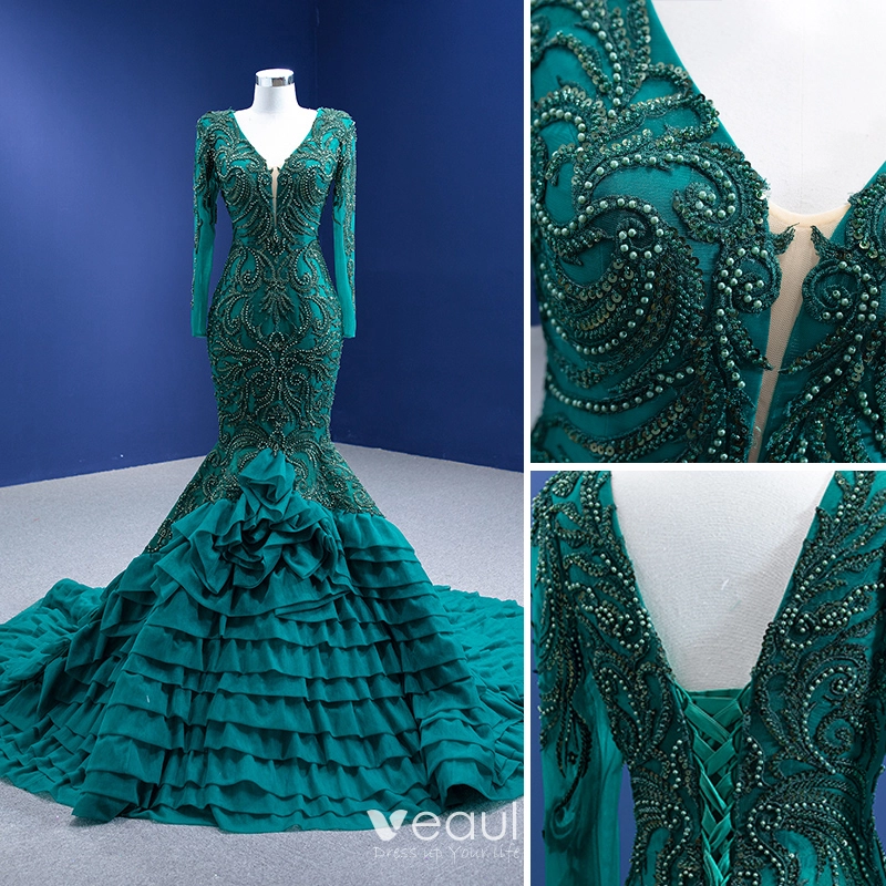 Vintage / Retro High-end Dark Green Cascading Ruffles Prom Dresses 2022  Trumpet / Mermaid V-Neck Beading Pearl Lace Flower Long Sleeve Backless  Floor-Length / Long