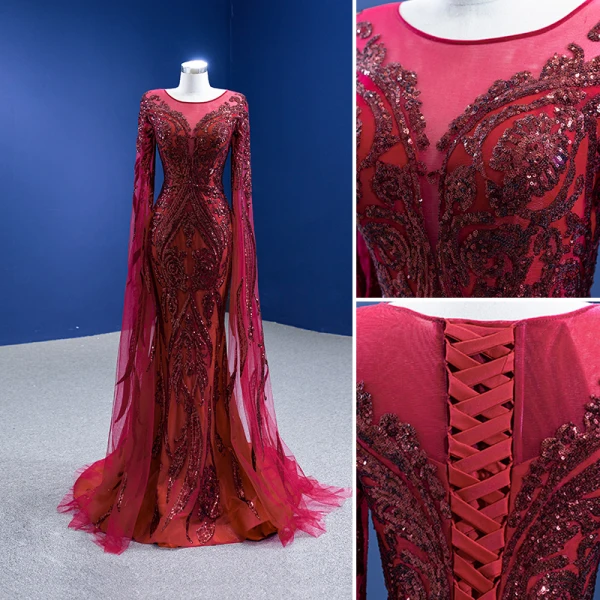 High-end Vintage / Retro Burgundy Beading Sequins Evening Dresses 2022 Trumpet / Mermaid Scoop Neck Court Train Long Sleeve Formal Dresses