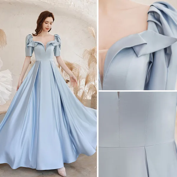 Elegant Sky Blue Satin Prom Dresses 2021 A-Line / Princess Square Neckline Short Sleeve Backless Floor-Length / Long Formal Dresses