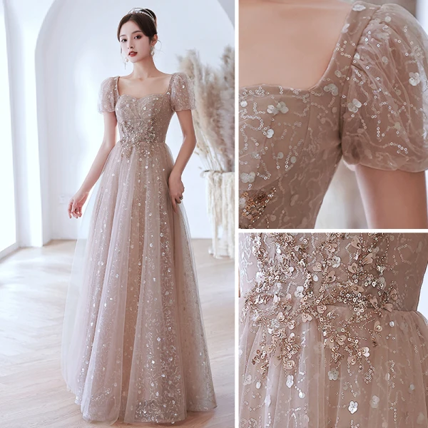 Mode Rougissant Rose Paillettes Robe De Bal 2022 Princesse Encolure Carrée Manches Courtes Dos Nu Longue Robe De Ceremonie
