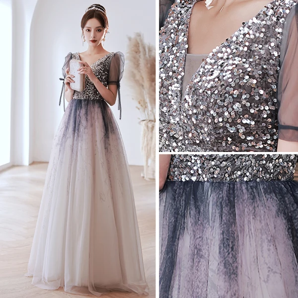 Charmant Océan Bleu Dégradé De Couleur Robe De Bal 2022 Princesse V-Cou Paillettes Noeud Manches Courtes Dos Nu Longue Robe De Ceremonie