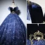 Chic / Beautiful Navy Blue Prom Dresses 2022 Ball Gown Off-The-Shoulder Beading Star Sequins Short Sleeve Backless Floor-Length / Long Formal Dresses