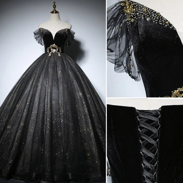 Elegant Black Prom Dresses 2022 Ball Gown Off-The-Shoulder Short Sleeve Backless Beading Sequins Floor-Length / Long Formal Dresses