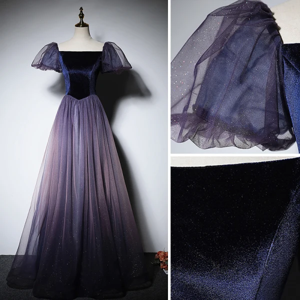 Elegant Purple Prom Dresses 2022 A-Line / Princess Square Neckline Puffy Short Sleeve Backless Bow Floor-Length / Long Formal Dresses