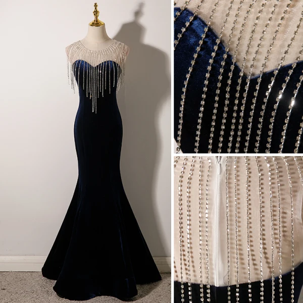 Sexy Bleu Marine Daim Robe De Soirée 2022 Trompette / Sirène Encolure Dégagée Sans Manches Faux Diamant Gland Longue Soirée Robe De Ceremonie