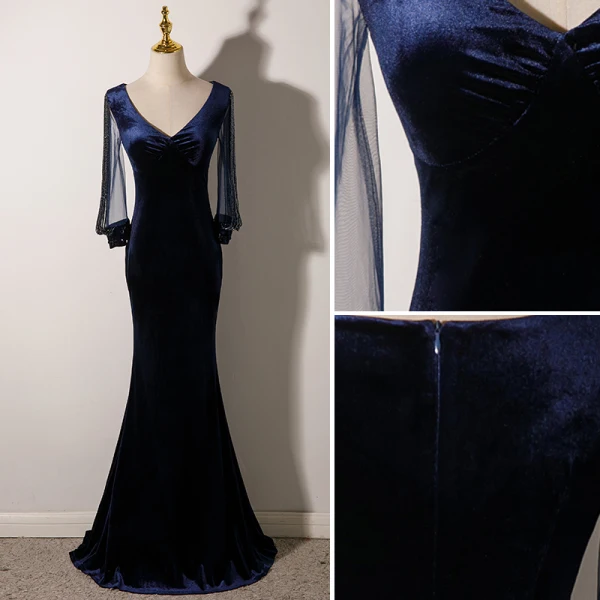 Elegant Navy Blue Suede Evening Dresses 2022 Trumpet / Mermaid V-Neck Beading Tassel Long Sleeve Floor-Length / Long Evening Party Formal Dresses
