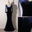 Elegant Navy Blue Suede Evening Dresses 2022 Trumpet / Mermaid V-Neck Beading Tassel Long Sleeve Floor-Length / Long Evening Party Formal Dresses