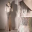 Scintillantes Sexy Champagne Paillettes Robe De Soirée 2022 Trompette / Sirène V-Cou 3/4 Manches Dos Nu Fendue devant Longue Robe De Ceremonie