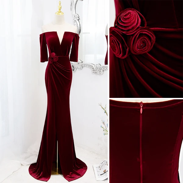 Charming Burgundy Suede Evening Dresses 2022 Trumpet / Mermaid Off-The-Shoulder Short Sleeve Backless Sash Flower Sweep Train Evening Party Formal Dresses