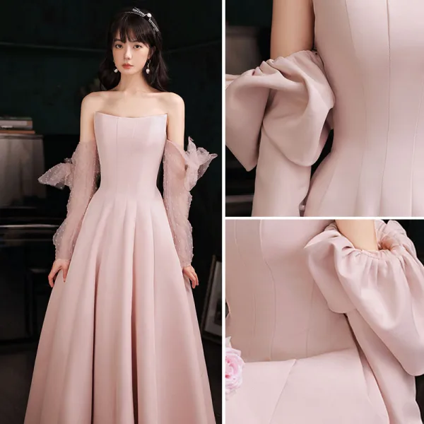 Simple Rougissant Rose Couleur Unie Satin Robe De Bal 2021 Princesse Manches Courtes Longue Robe De Ceremonie