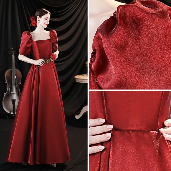 Elegant Burgundy Satin Prom Dresses 2021 A-Line / Princess Square Neckline Puffy Short Sleeve Backless Floor-Length / Long Prom Dresses
