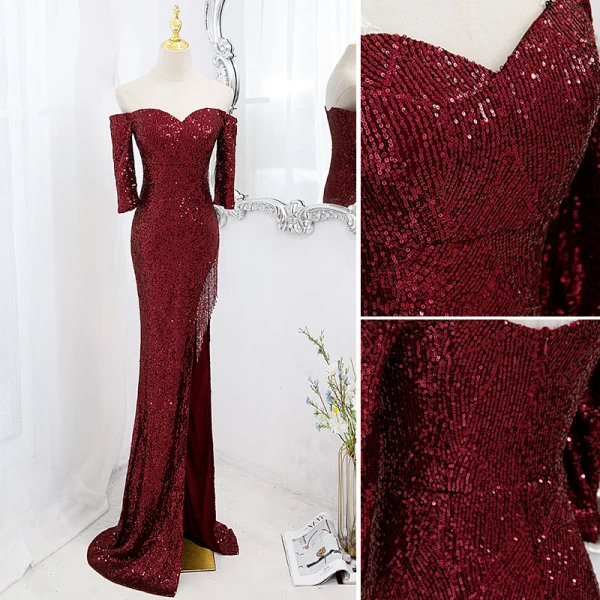 Scintillantes Sexy Bordeaux Paillettes Robe De Soirée 2022 Trompette / Sirène De l'épaule Manches Courtes Dos Nu Longue Robe De Ceremonie
