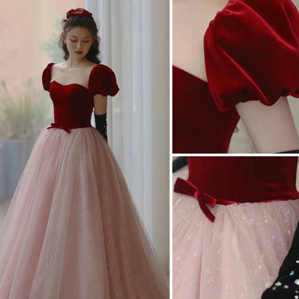 Elegant Burgundy Sequins Prom Dresses 2022 A-Line / Princess Scoop Neck Puffy Short Sleeve Backless Bow Sash Floor-Length / Long Formal Dresses